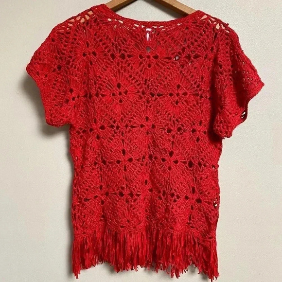 Chico’s Red Crochet Fringe Top Boho Festival Vacation Knit Blouse Size 0 Small - Picture 7 of 11